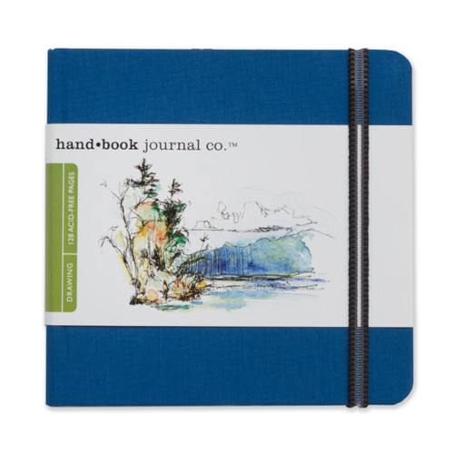 Hard-bound with a book cloth cover, Hand Book Journal Co. Travelogue Series Artist Journals have just the right amount of flexibility. Great for pen, ink, pencil, and markers. Accepts light watercolor washes without buckling. These artist journals are wrapped with a durable elastic band with a clear envelope inside the back cover and sewn-in ribbon bookmark. Contains 128 pages of heavyweight, 100% acid-free, buff drawing paper with a good tooth. Square journals are 5.5" x 5.5".