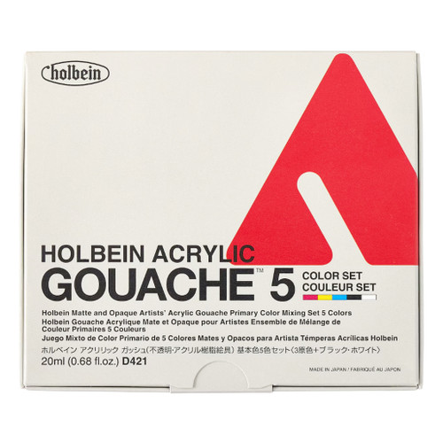 An image of a Holbein Acrylic Gouache 5-Color Primary Mixing Set.