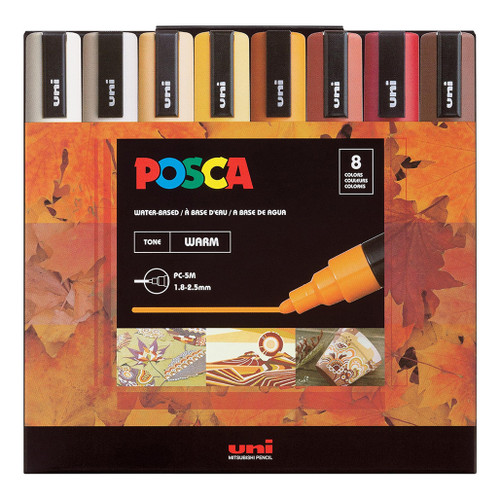 An image of a Posca PC-5M Medium Tip Paint Marker Set, Warm Tones, 8 Colors. 