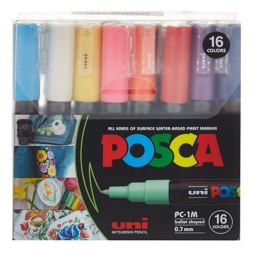An image of a Posca PC-1M Extra-Fine Tip Paint Marker Set, Basic Colors, 16 Colors.